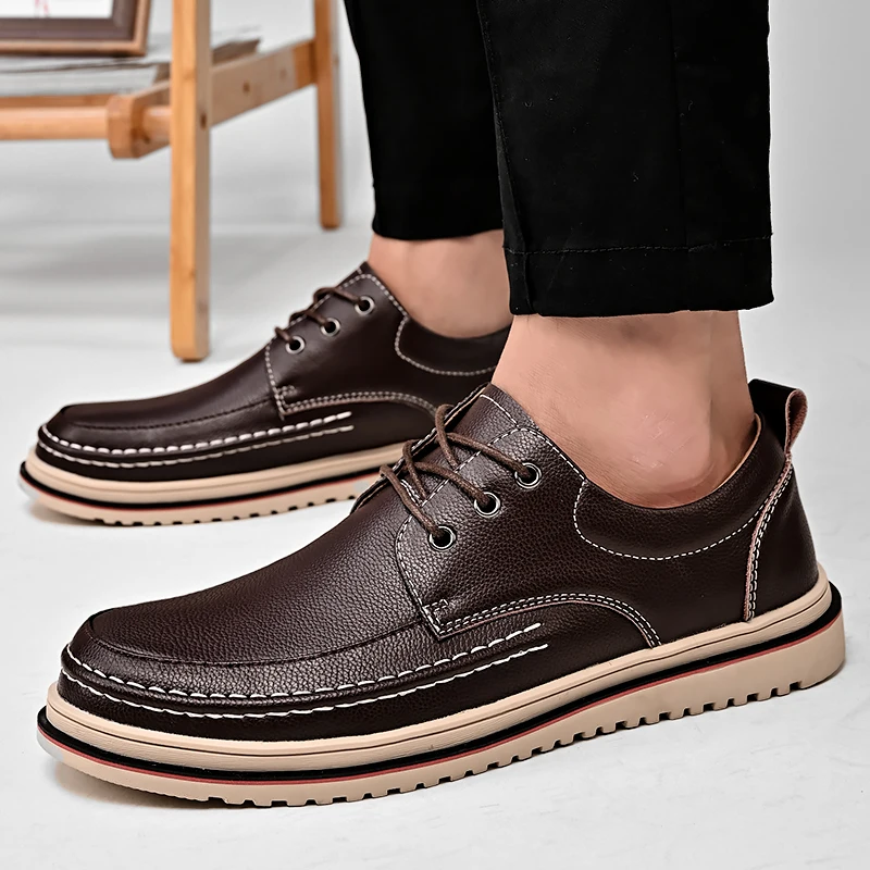 Leather Derby Shoes With Camel -Toned Stitching